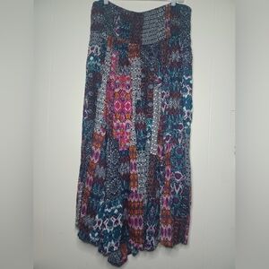 Coline Womens Patchwork Midi Full Skirt Boho Hippie Peasant Smocked Waist L/XL